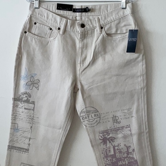 LAUREN RALPH LAUREN DENIM NON STRETCH RELAXED TAPER CREAM GRAPHIC JEANS 29 NWT - Picture 1 of 13